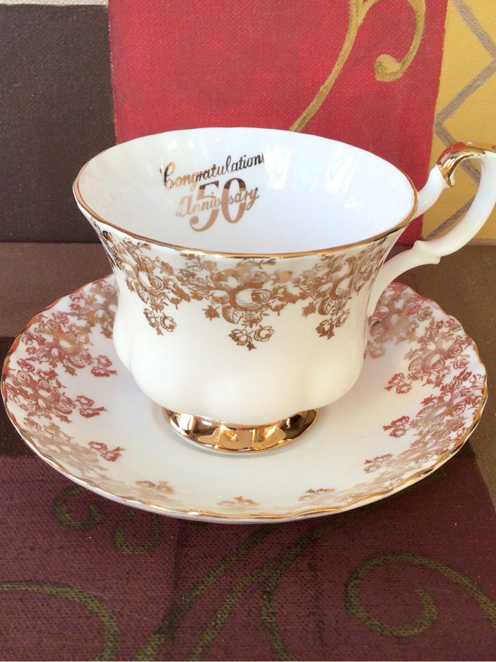 Vintage Gold Floral Teacup and Saucer 50th Wedding Anniversary